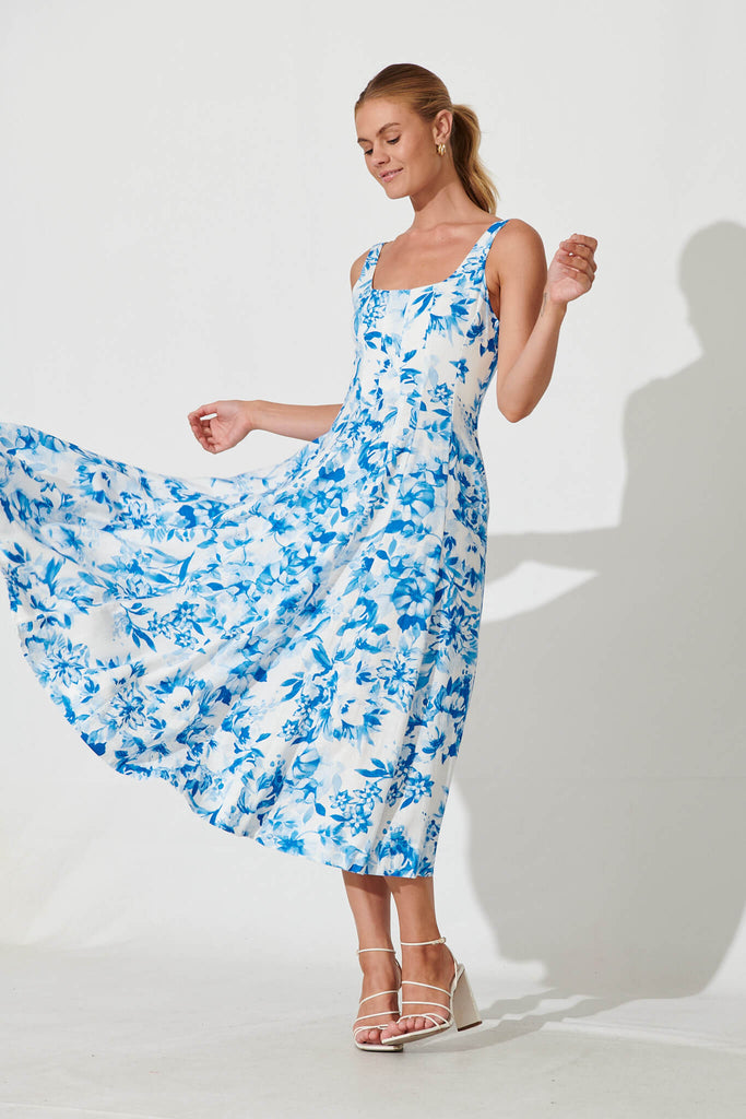 Angelita Midi Dress In Blue Floral Linen Blend - full length