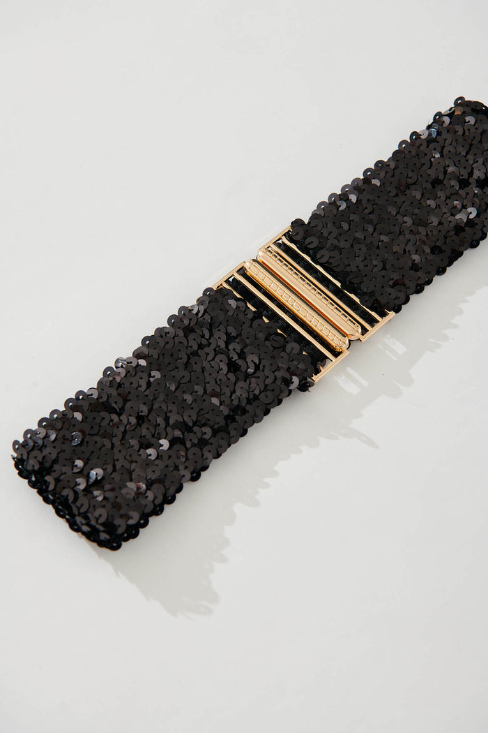 August + Delilah Jada Stretch Belt In Black Sequin - detail
