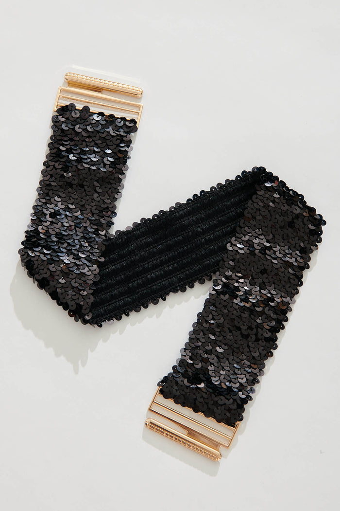 August + Delilah Jada Stretch Belt In Black Sequin - flatlay