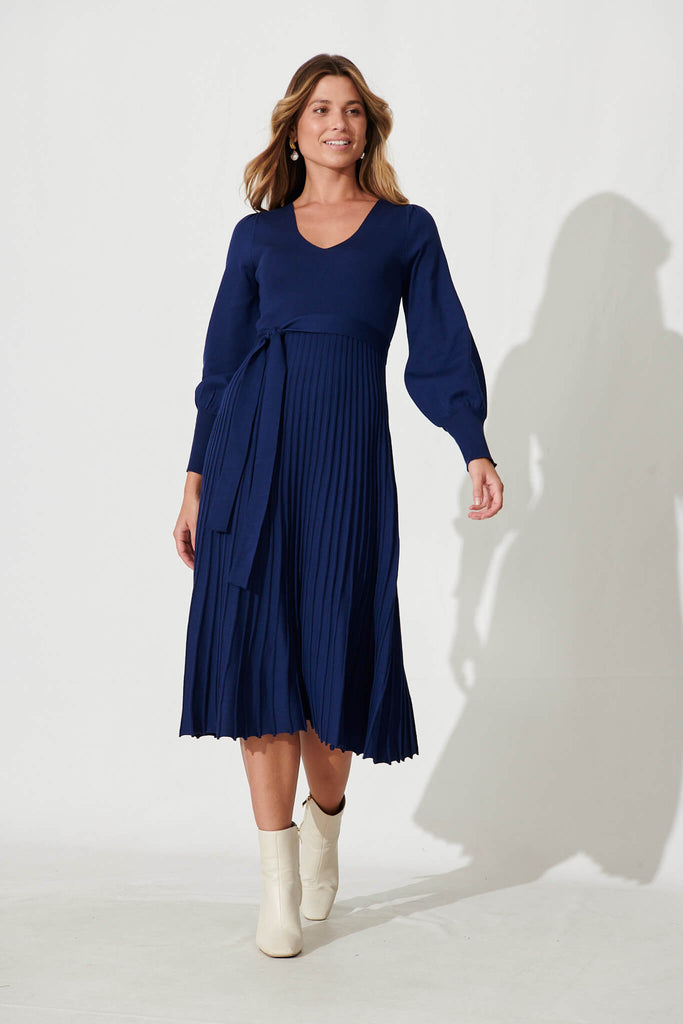 Albi Midi Knit Dress In Navy Cotton Blend - full length