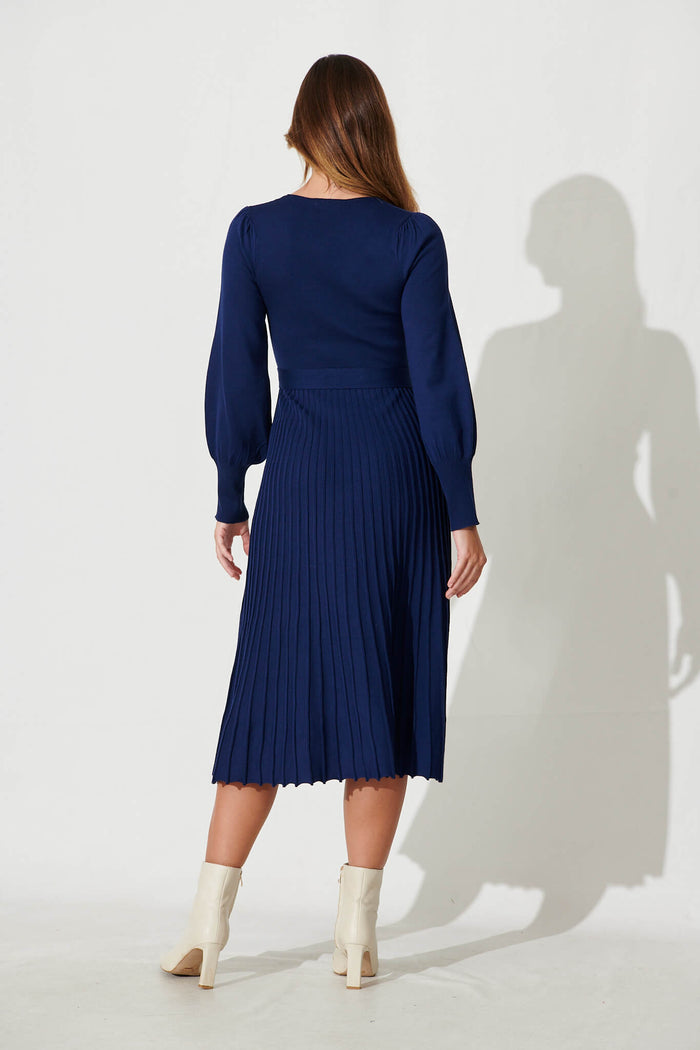 Albi Midi Knit Dress In Navy Cotton Blend - back