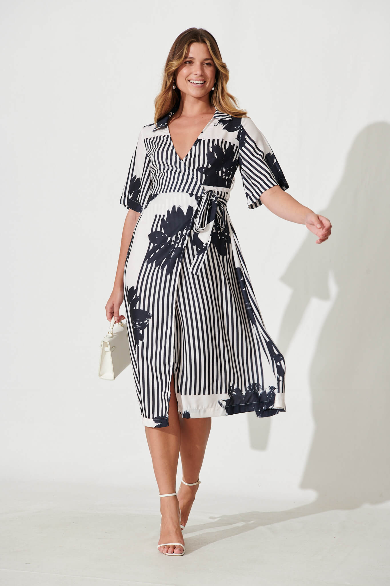 Touch Midi Wrap Dress In Black Stripe Floral Linen Blend - full length