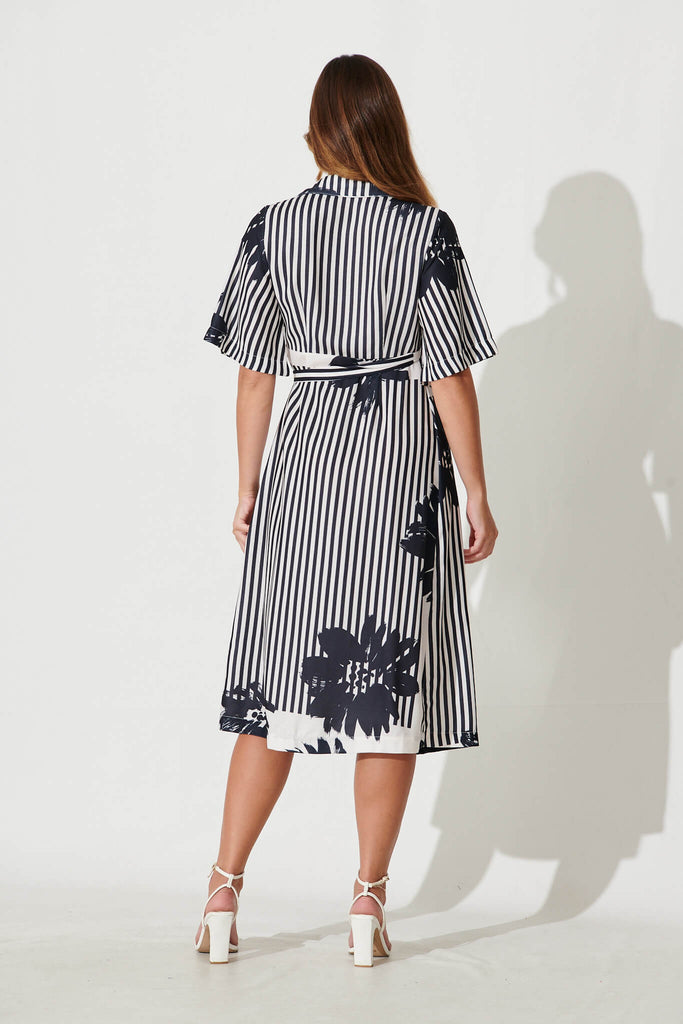 Touch Midi Wrap Dress In Black Stripe Floral Linen Blend - back