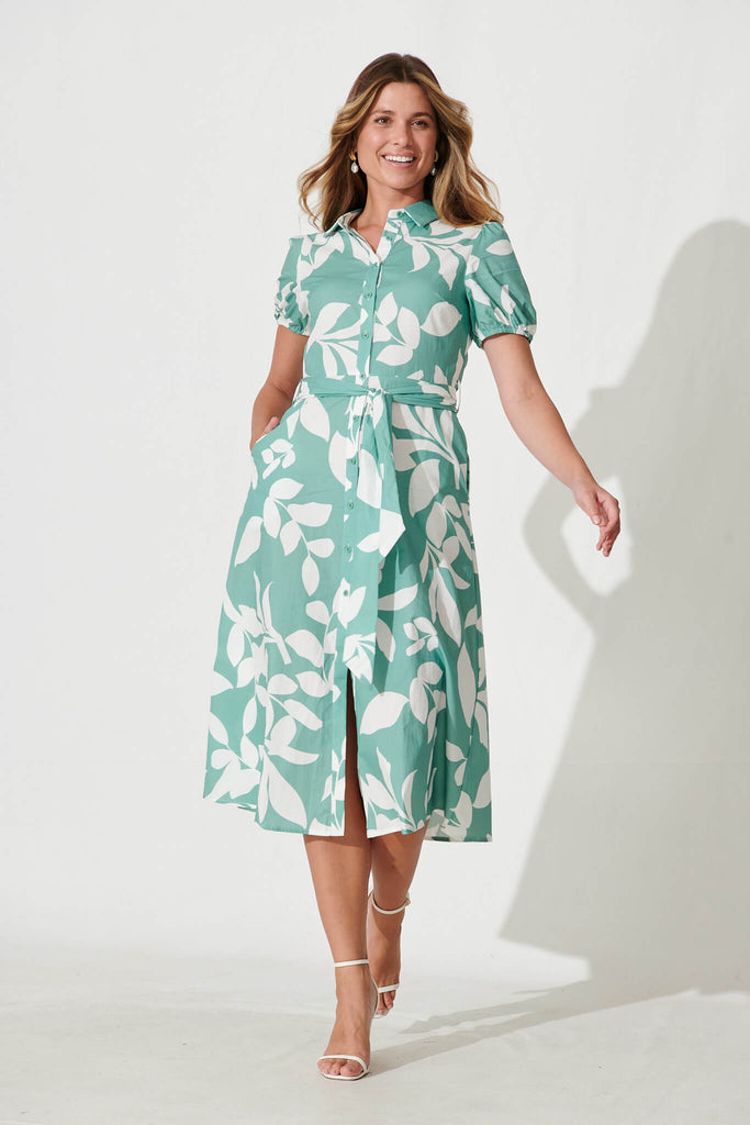 Martine Midi Shirt Dress In Green And White Leaf Cotton - full length