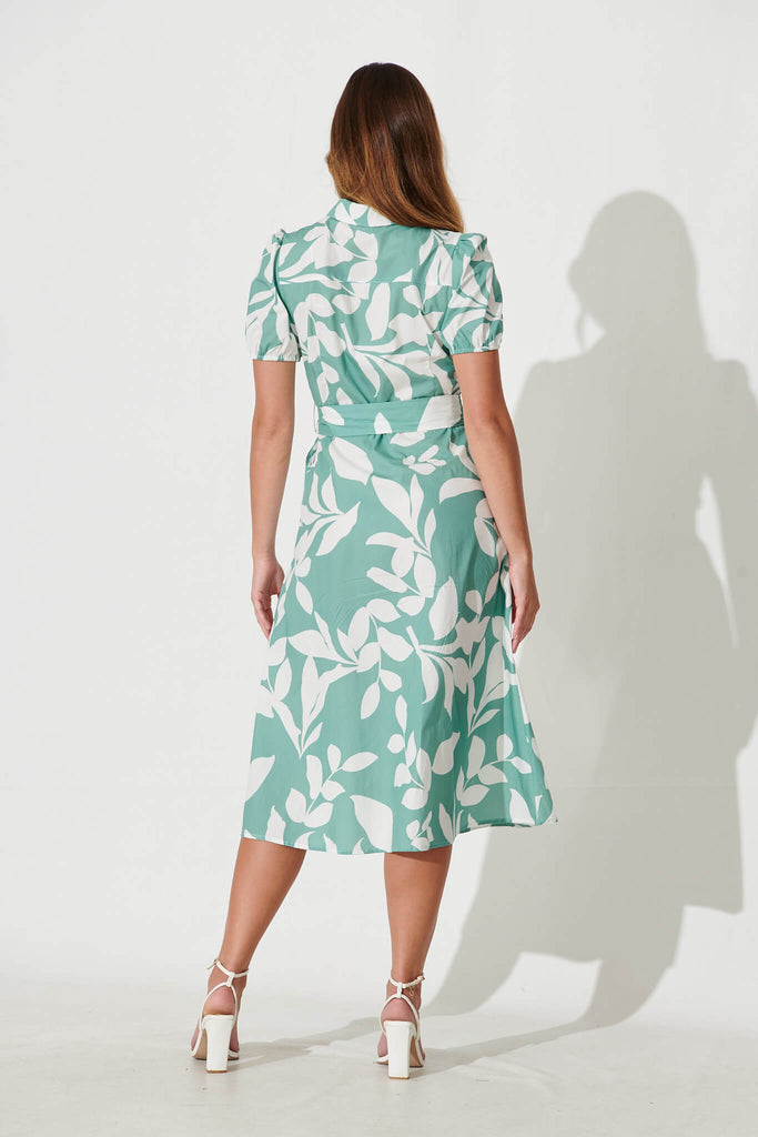 Martine Midi Shirt Dress In Green And White Leaf Cotton - back