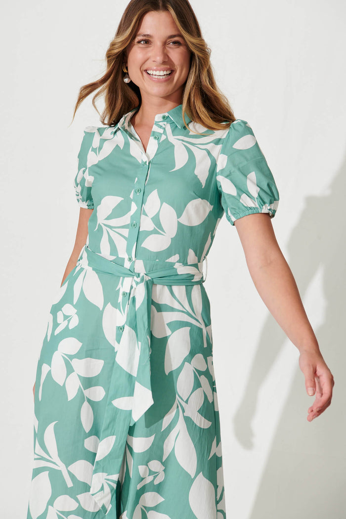 Martine Midi Shirt Dress In Green And White Leaf Cotton - front
