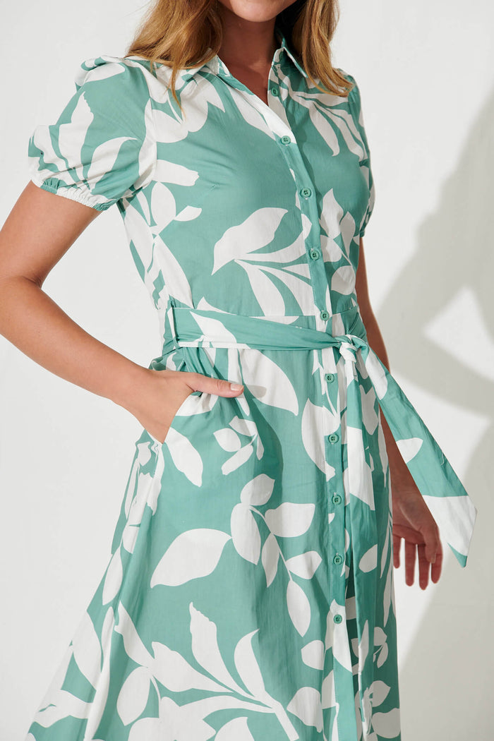 Martine Midi Shirt Dress In Green And White Leaf Cotton - detail