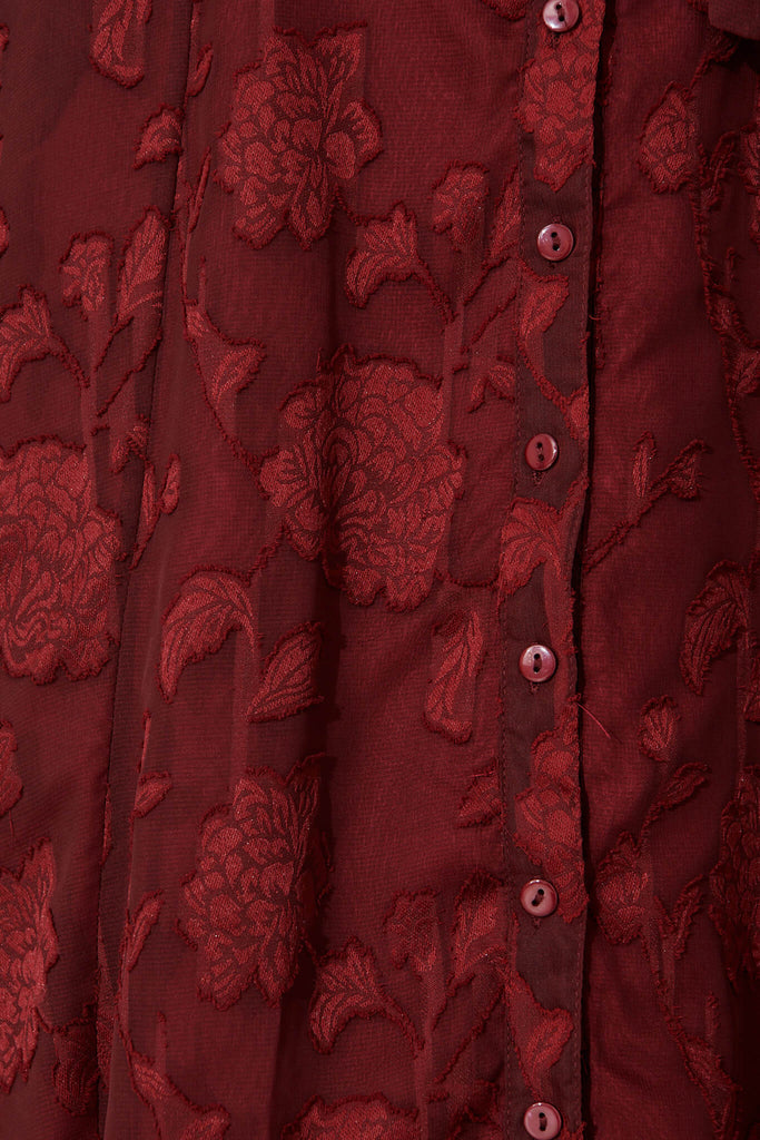 Lilianna Midi Shirt Dress In Wine Burnout Chiffon - fabric