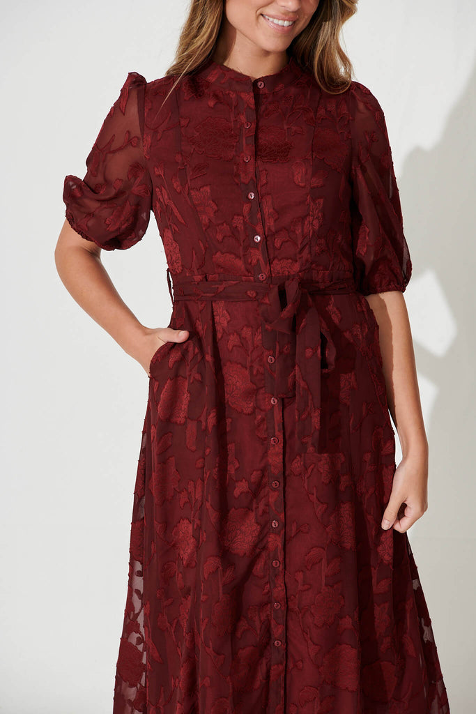 Lilianna Midi Shirt Dress In Wine Burnout Chiffon - detail