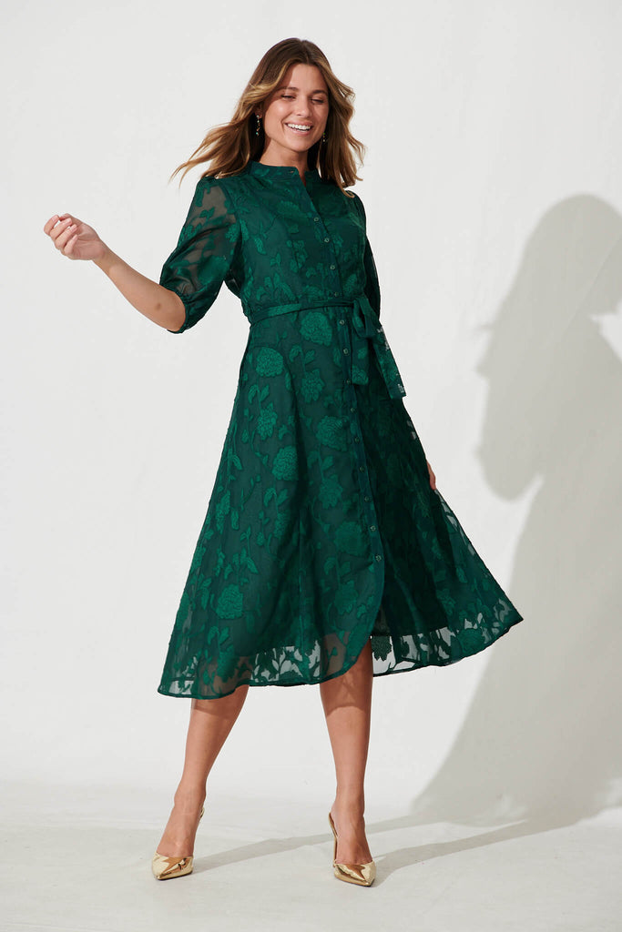Lilianna Midi Shirt Dress In Emerald Burnout Chiffon - full length