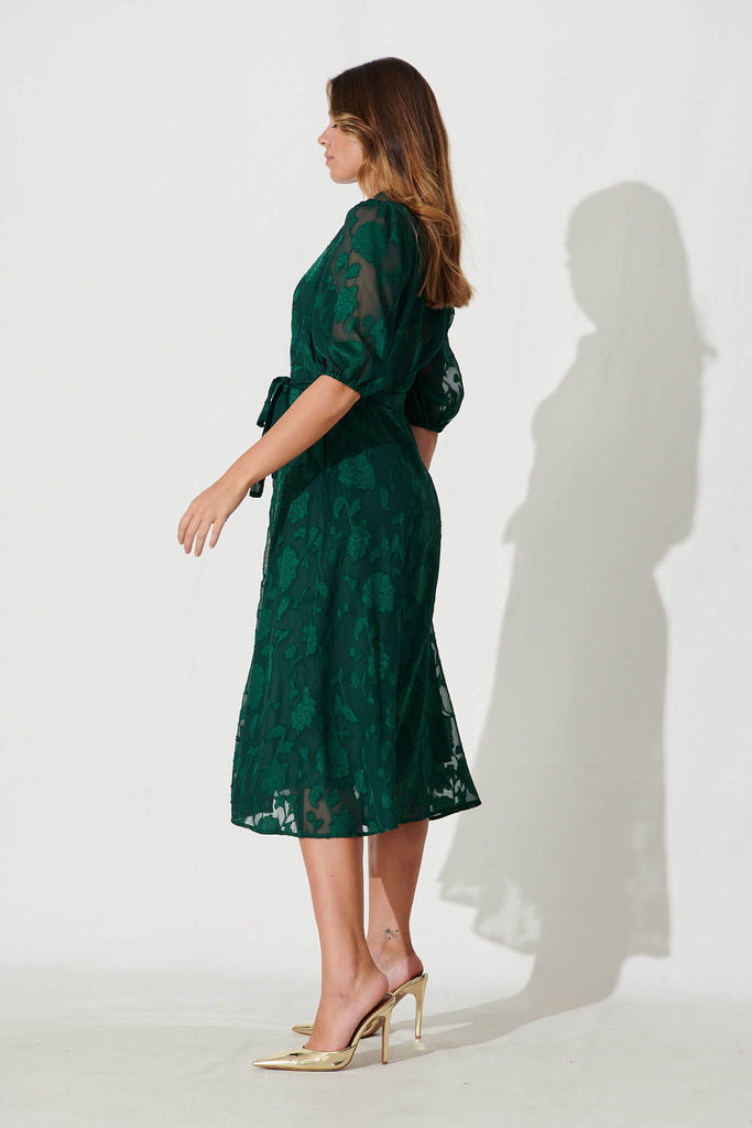 Lilianna Midi Shirt Dress In Emerald Burnout Chiffon - side