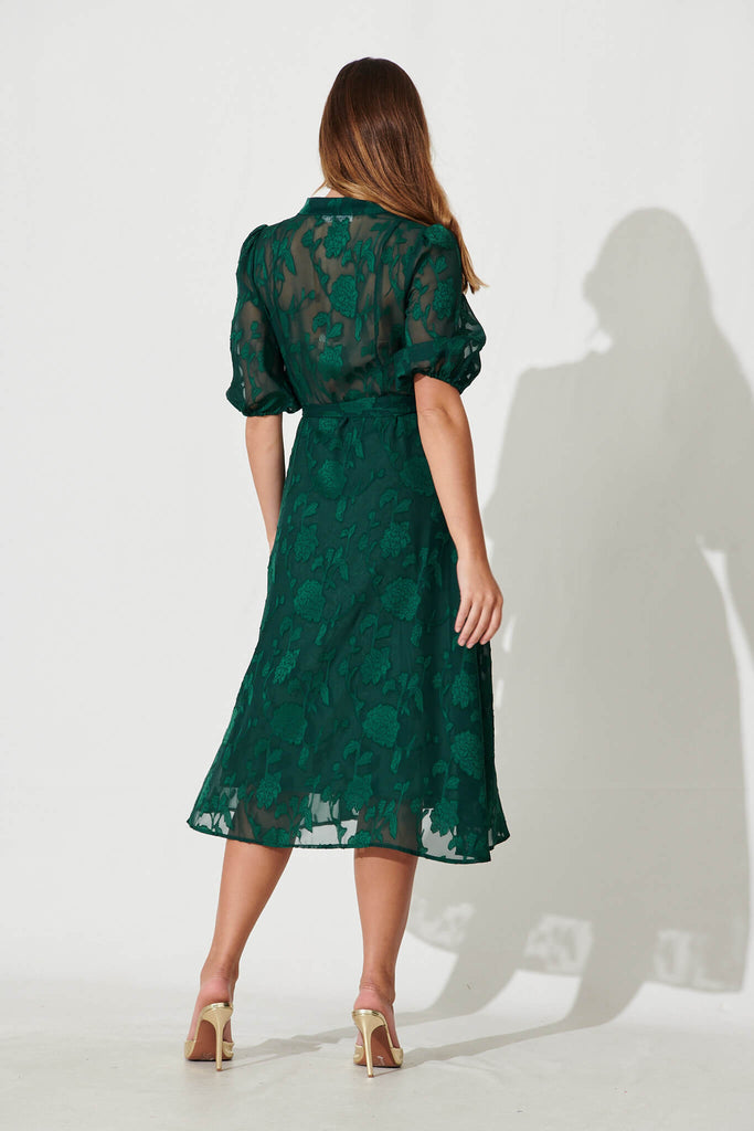 Lilianna Midi Shirt Dress In Emerald Burnout Chiffon - back