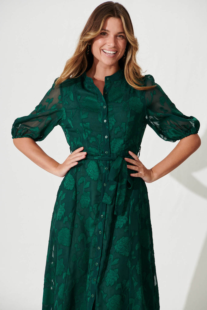 Lilianna Midi Shirt Dress In Emerald Burnout Chiffon - front