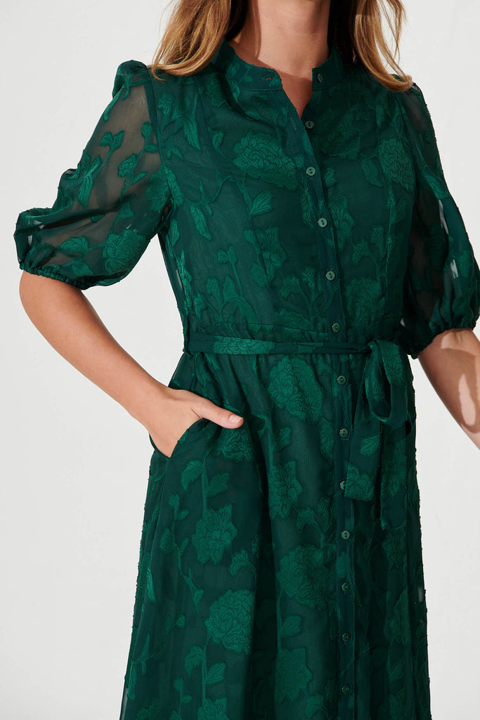 Lilianna Midi Shirt Dress In Emerald Burnout Chiffon - detail