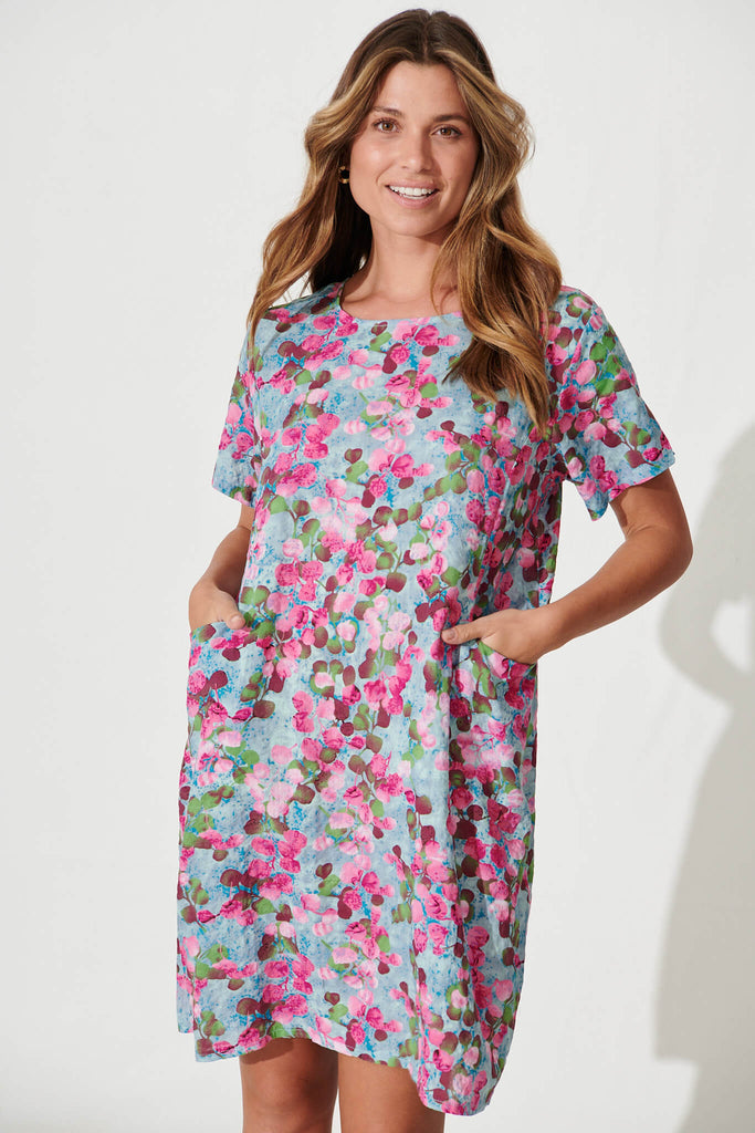Nectar Smock Dress In Sky Blue Multi Cotton Blend - front