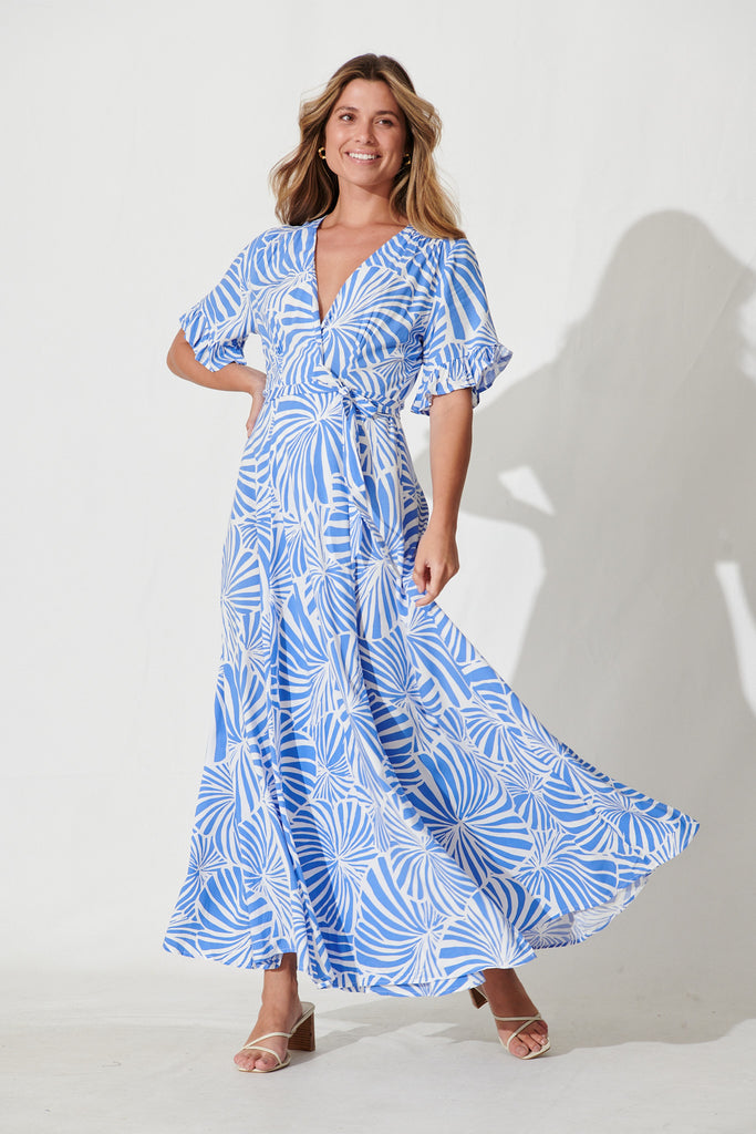Rondal Maxi Wrap Dress In Blue Leaf Print
