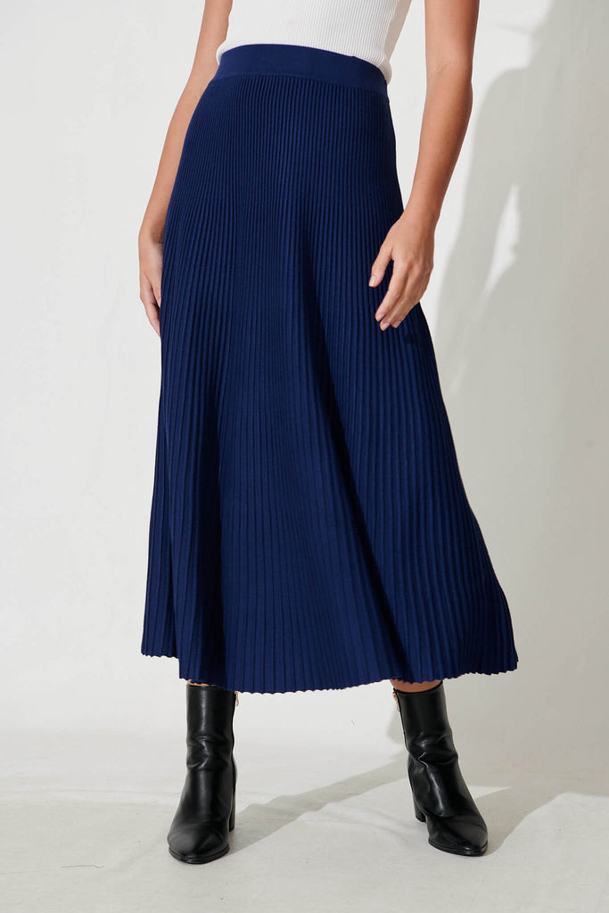 Honeycup Knit Skirt In Navy Cotton Blend - front