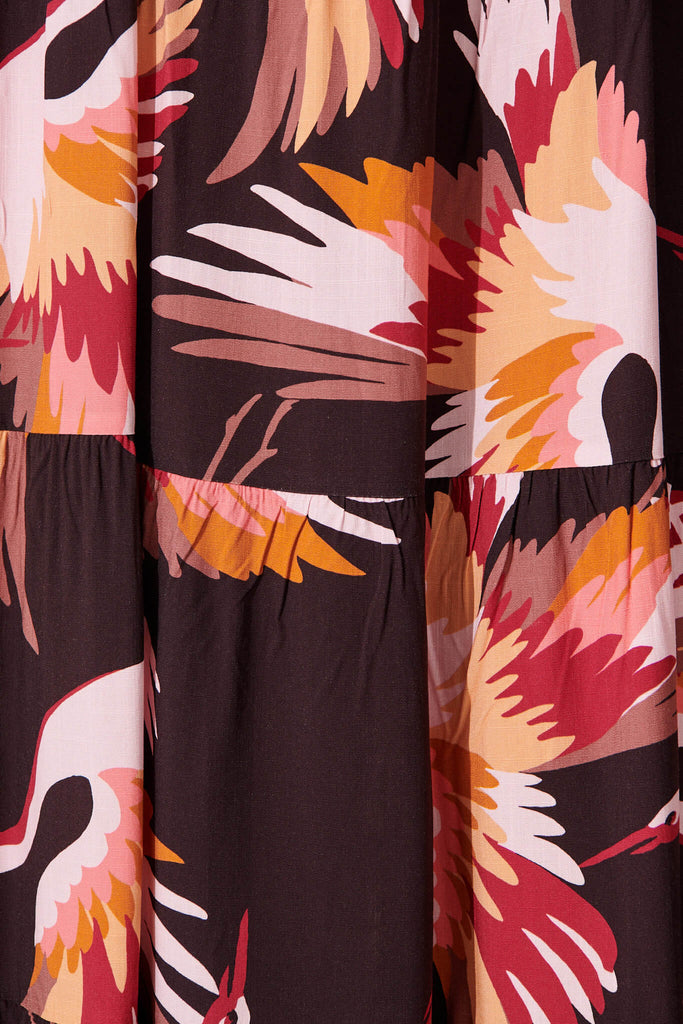 Kamikaze Midi Dress In Dark Chocolate Multi Bird Print - fabric