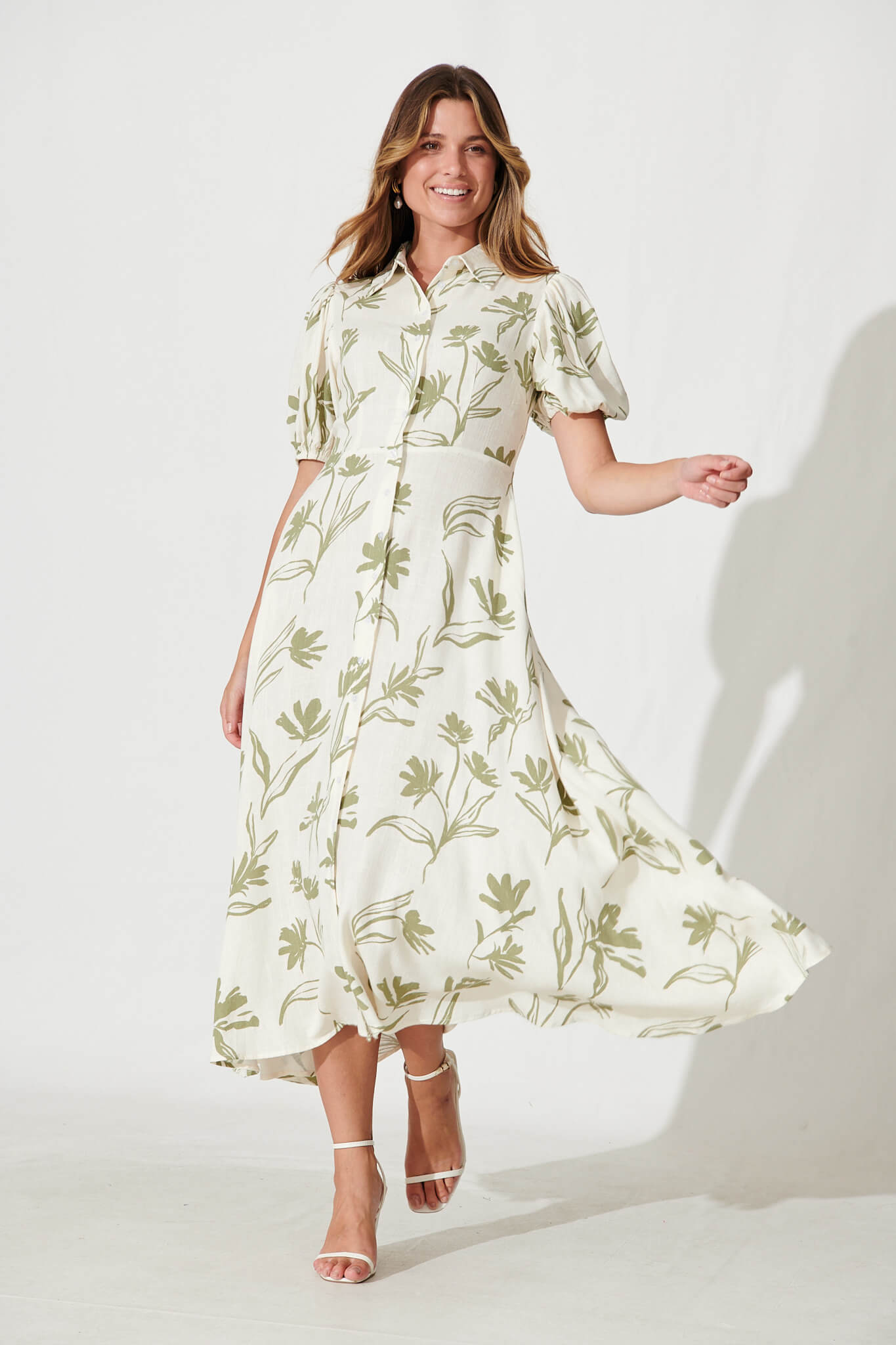 Cameron Maxi Dress In Cream With Khaki Floral Linen Blend - full length