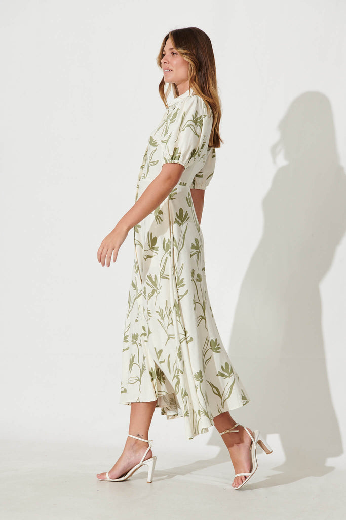 Cameron Maxi Dress In Cream With Khaki Floral Linen Blend - side