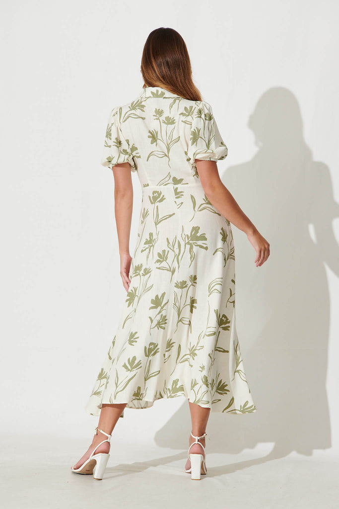Cameron Maxi Dress In Cream With Khaki Floral Linen Blend - back