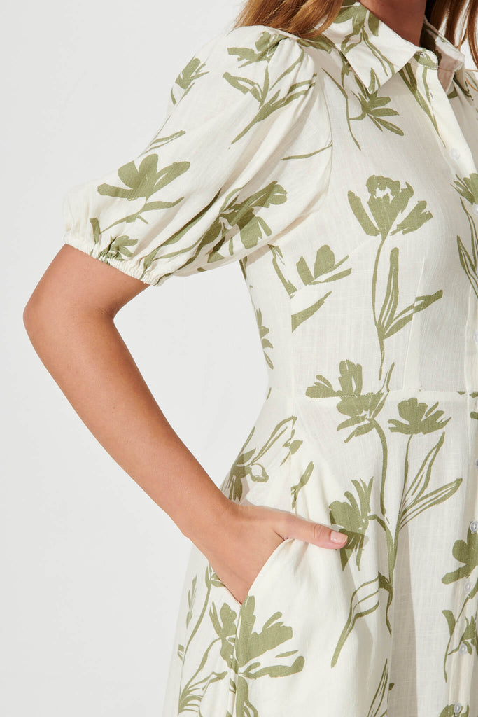 Cameron Maxi Dress In Cream With Khaki Floral Linen Blend - detail