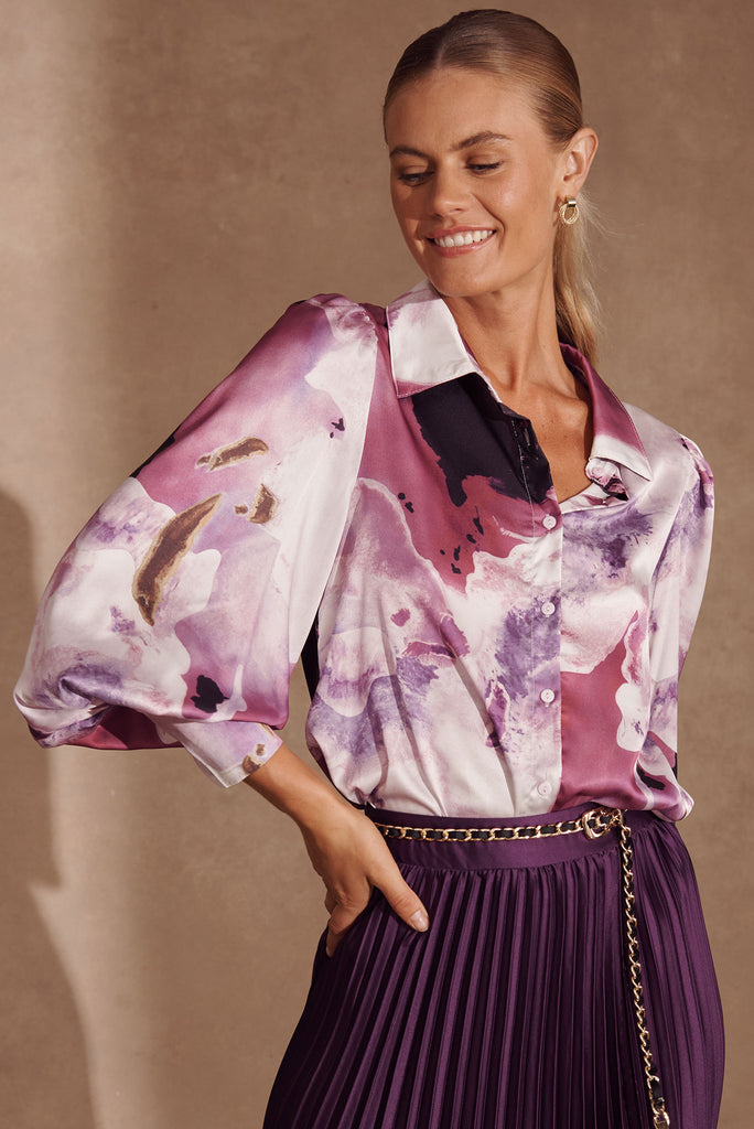 Afternoon Shirt In Pink With Purple Watercolour Satin