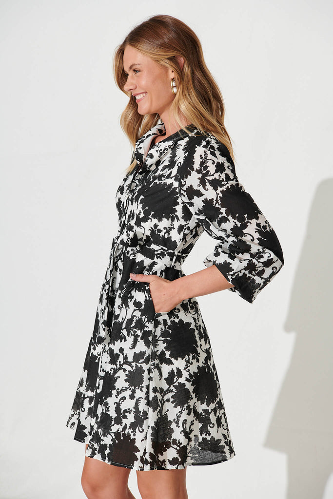 Mallorie Shirt Dress In Black And White Cotton Blend - side