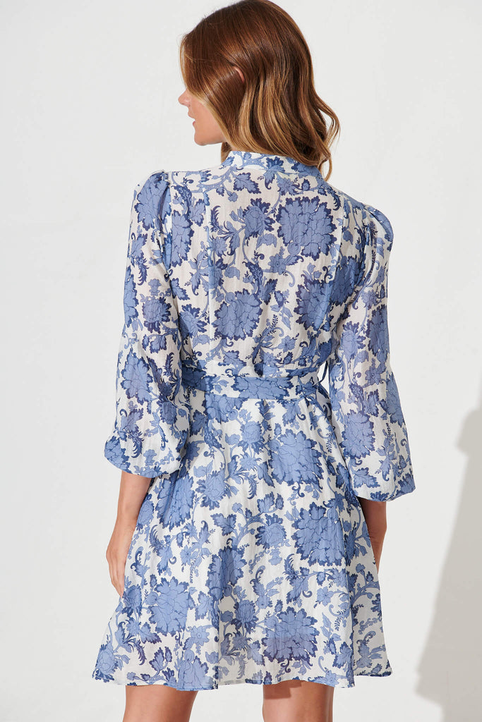 Mallorie Shirt Dress In Blue With White Floral Cotton Blend - back