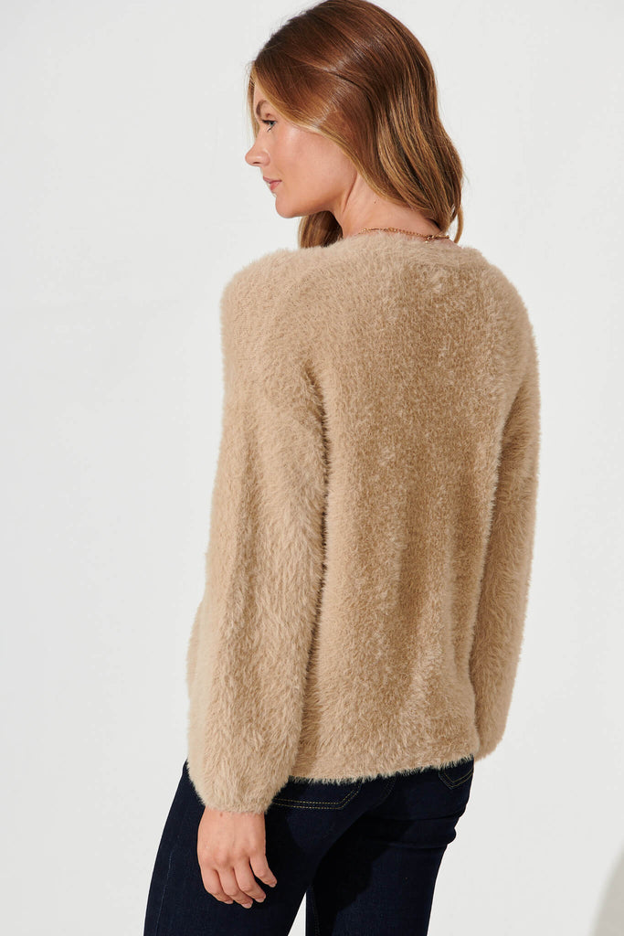 Timeout Fluffy Knit Cardigan In Camel Wool Blend - back