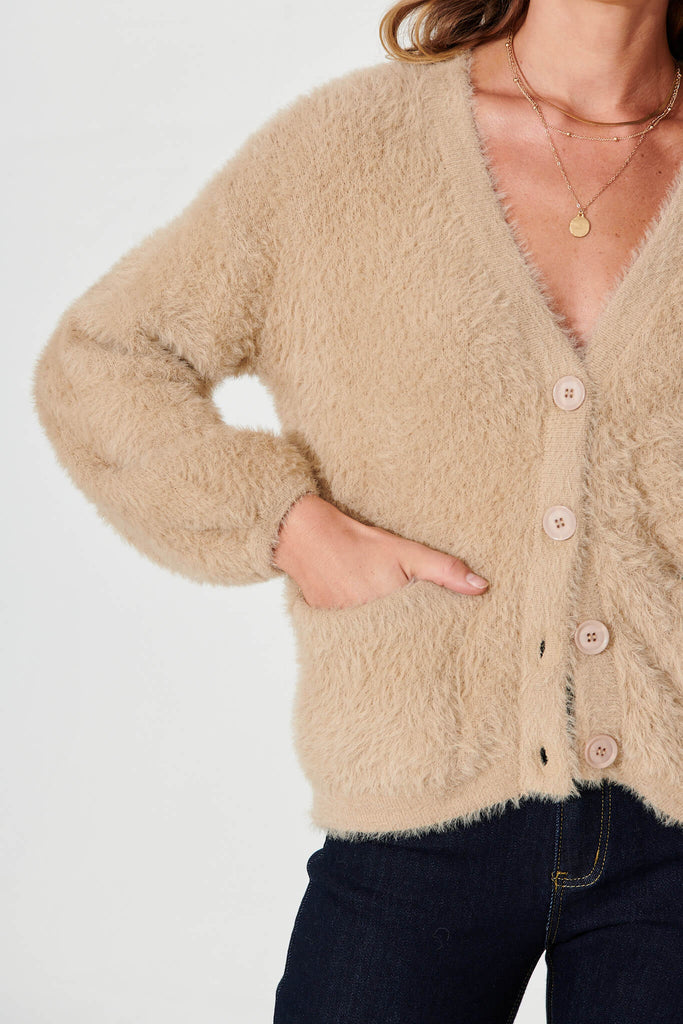 Timeout Fluffy Knit Cardigan In Camel Wool Blend - detail