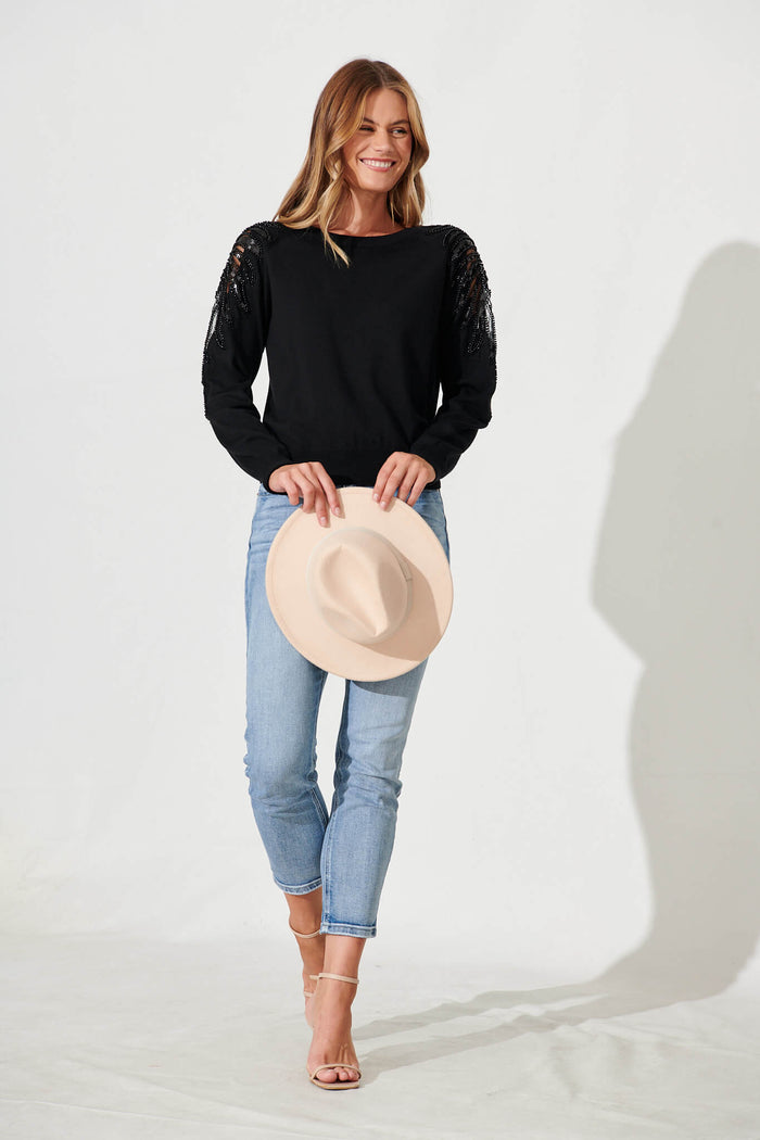 Sarandon Knit With Pearl Detail In Black Cotton Blend - full length