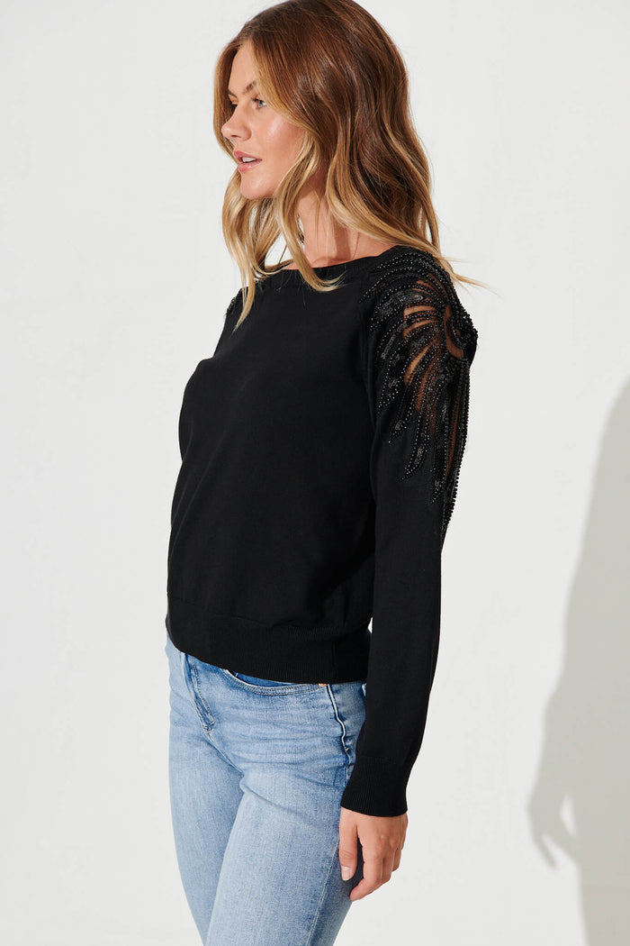 Sarandon Knit With Pearl Detail In Black Cotton Blend - side