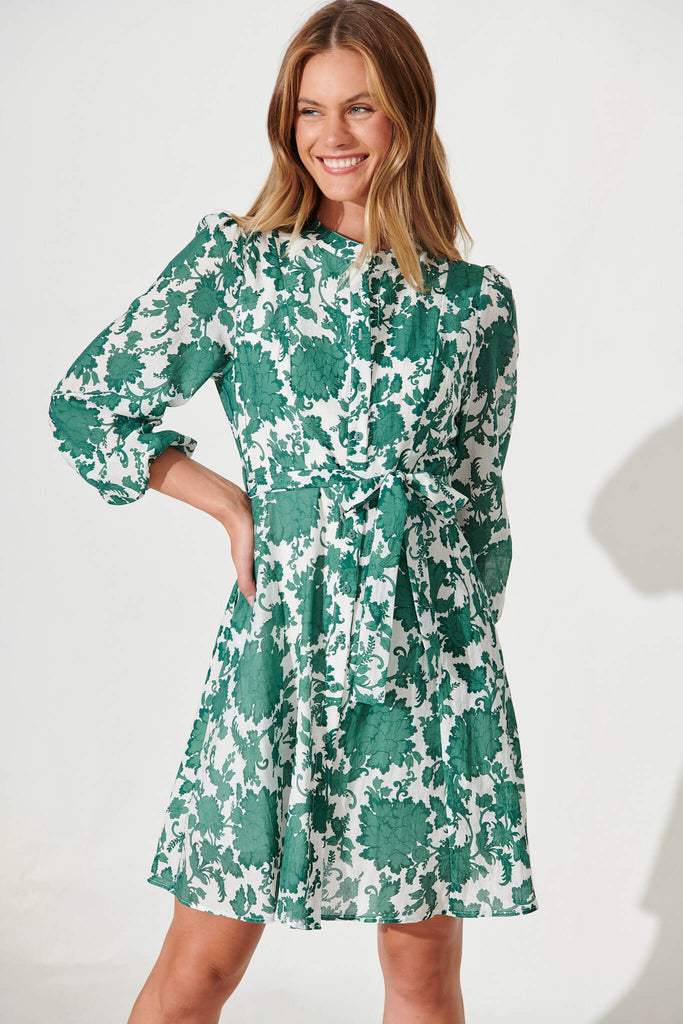 Mallorie Shirt Dress In Emerald With White Floral Cotton Blend - front