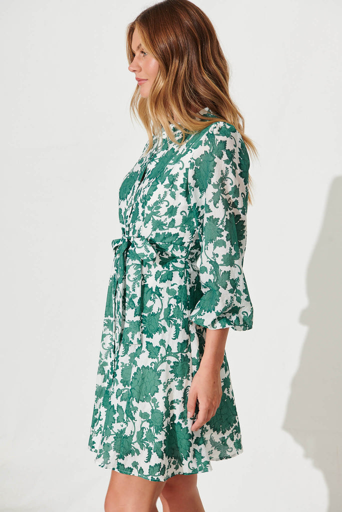 Mallorie Shirt Dress In Emerald With White Floral Cotton Blend - side