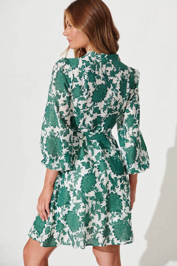 Mallorie Shirt Dress In Emerald With White Floral Cotton Blend - back