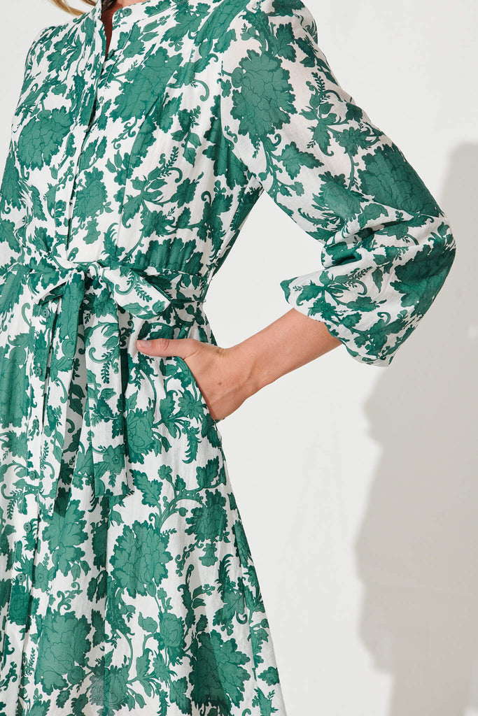 Mallorie Shirt Dress In Emerald With White Floral Cotton Blend - detail