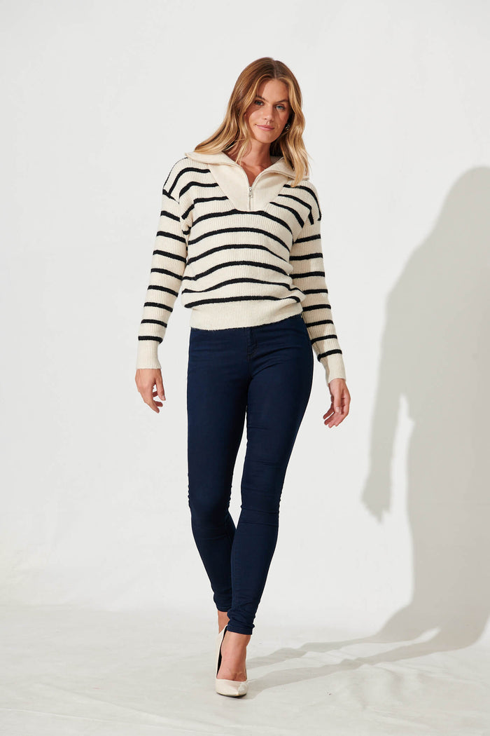 Uma Zip Athleisure Knit In Cream Stripe Wool Blend - full length
