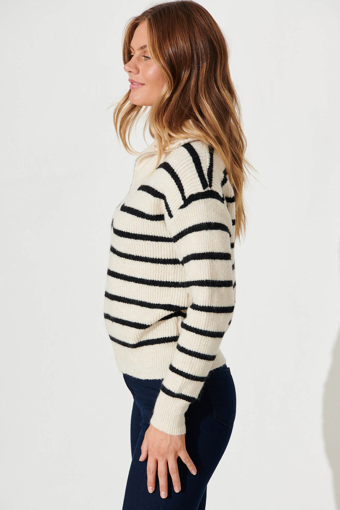 Uma Zip Athleisure Knit In Cream Stripe Wool Blend - side