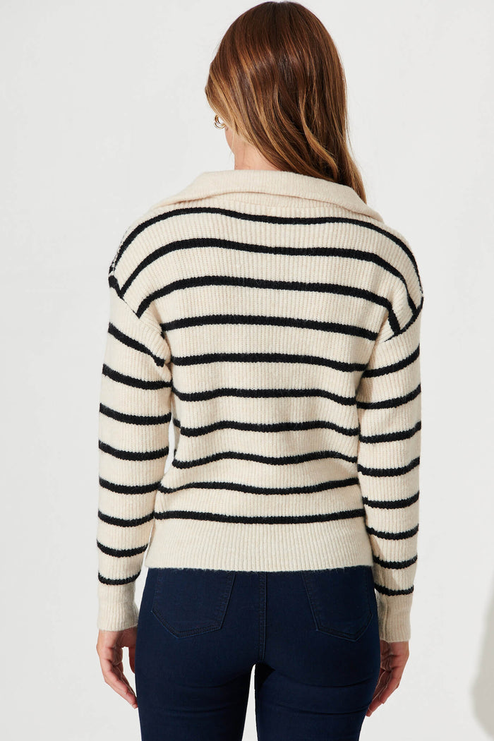 Uma Zip Athleisure Knit In Cream Stripe Wool Blend - back