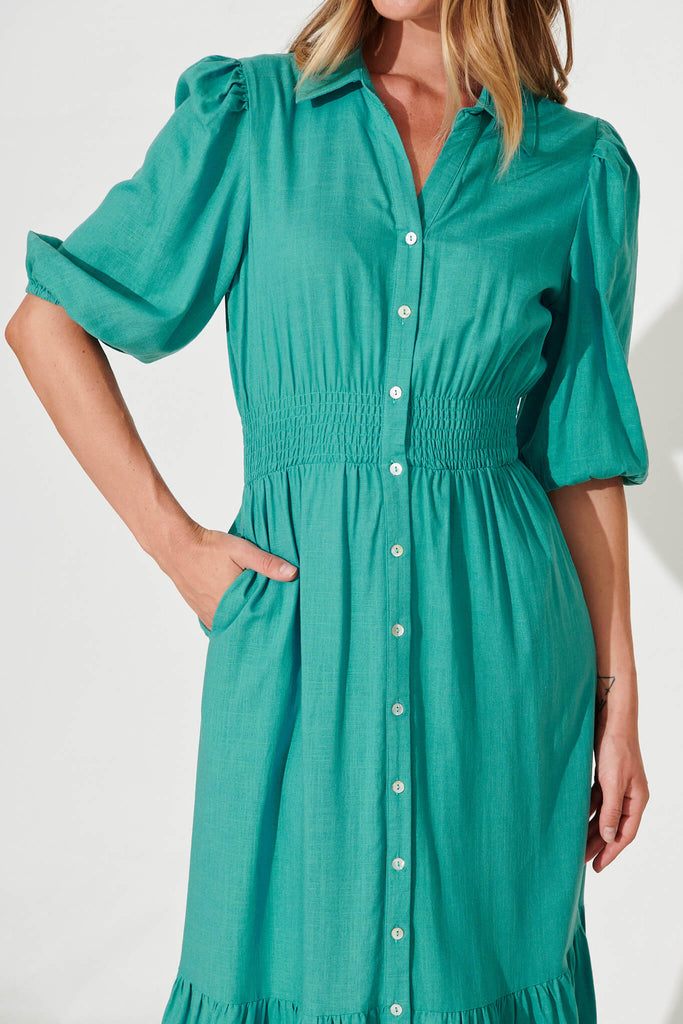 Hopkins Midi Shirt Dress In Aqua Linen Blend - detail