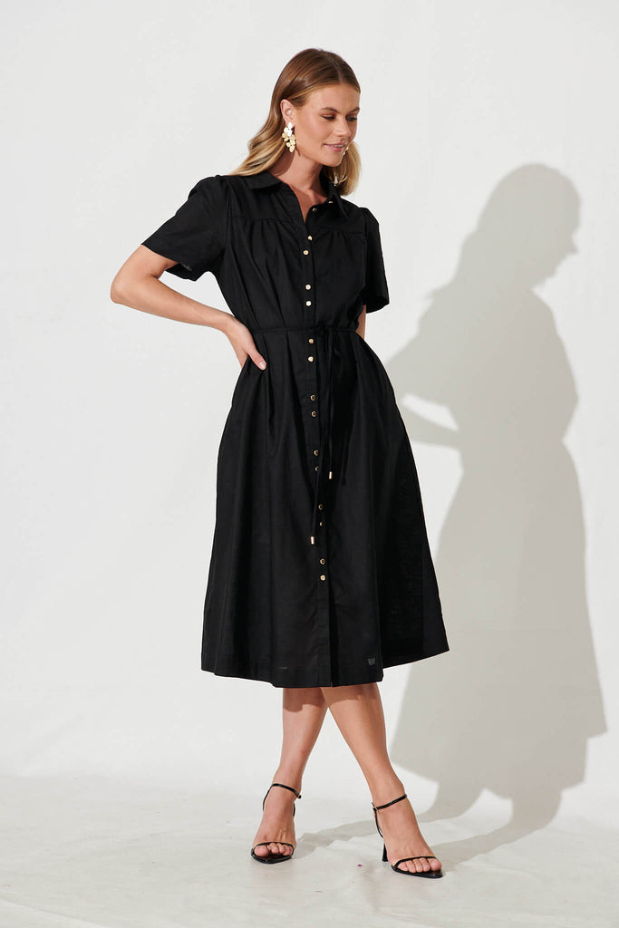 Oatland Midi Shirt Dress In Black Cotton Linen - full length