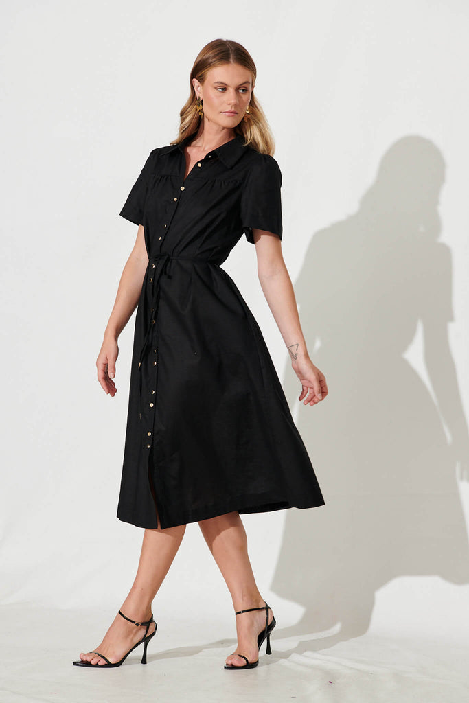 Oatland Midi Shirt Dress In Black Cotton Linen - side