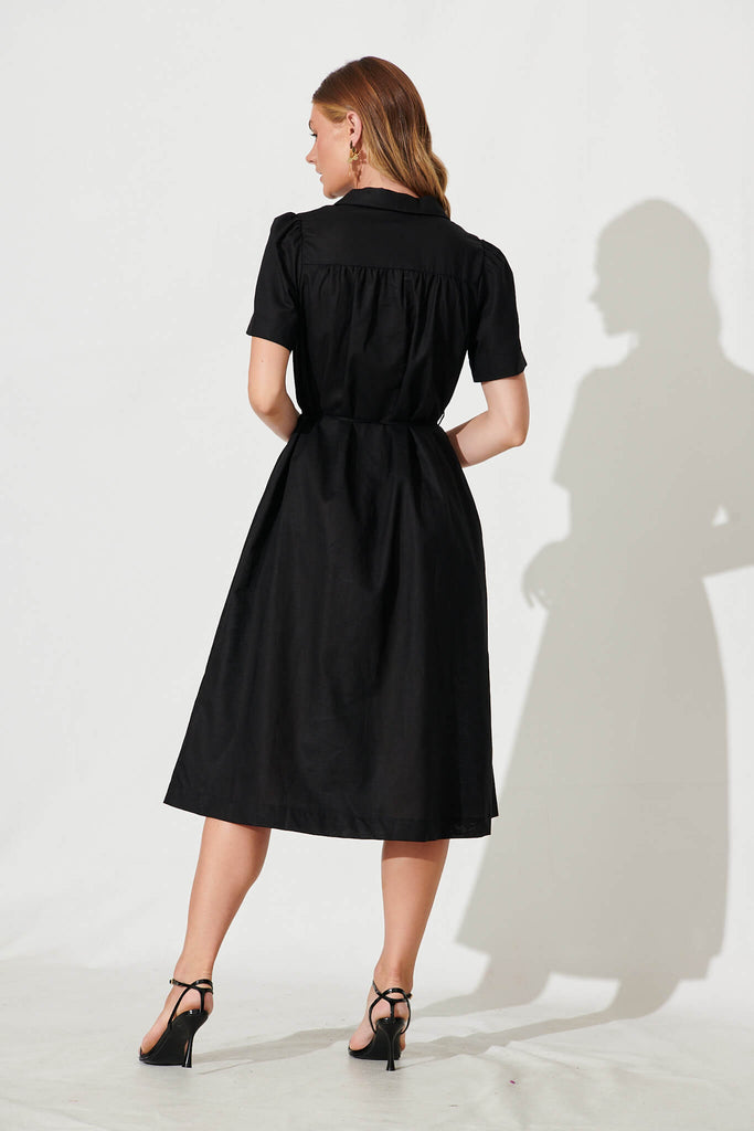 Oatland Midi Shirt Dress In Black Cotton Linen - back