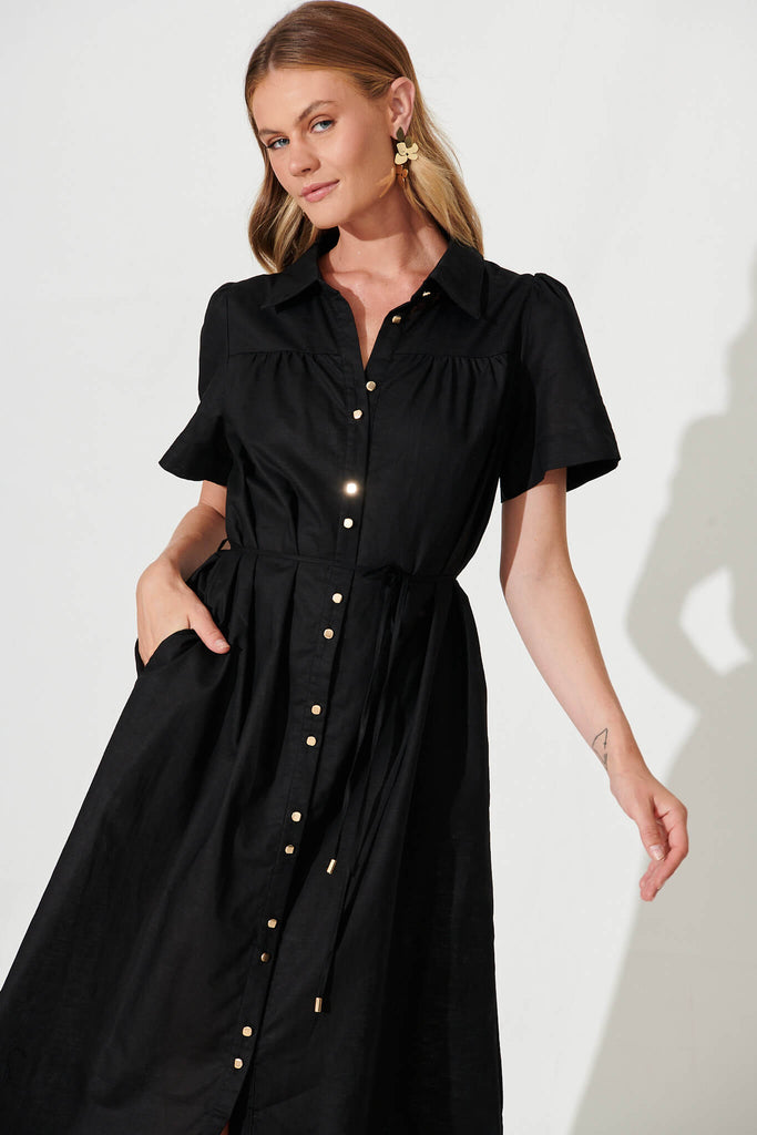 Oatland Midi Shirt Dress In Black Cotton Linen - front