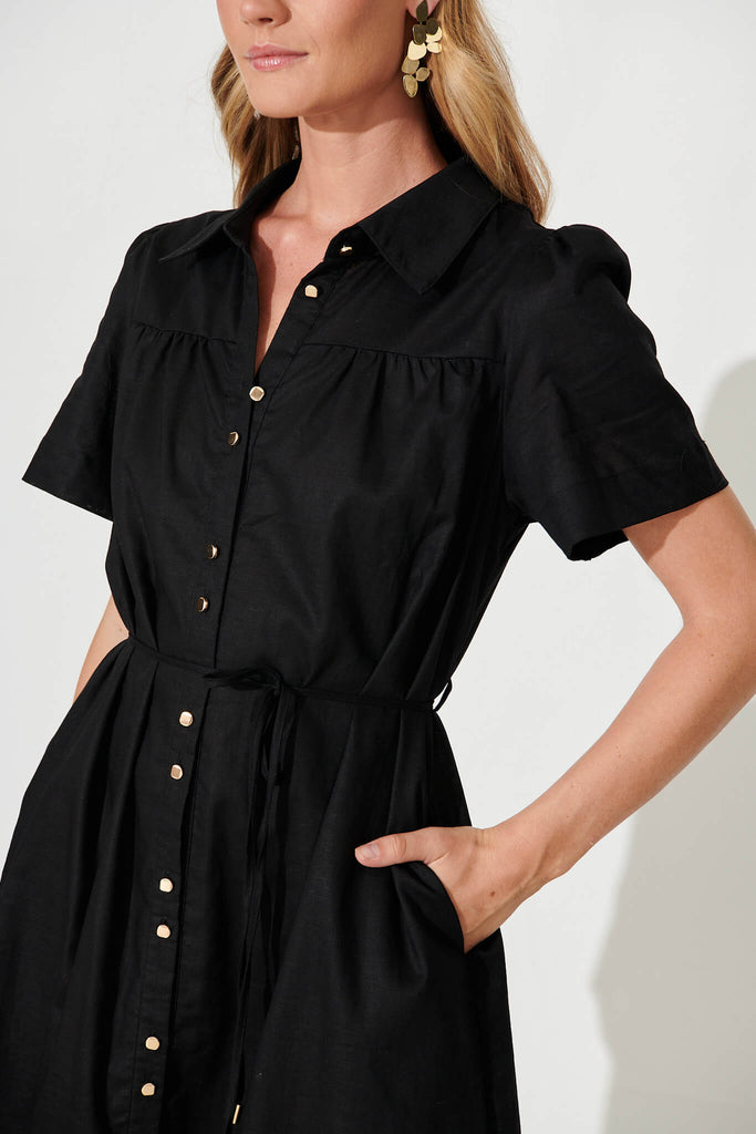 Oatland Midi Shirt Dress In Black Cotton Linen - detail