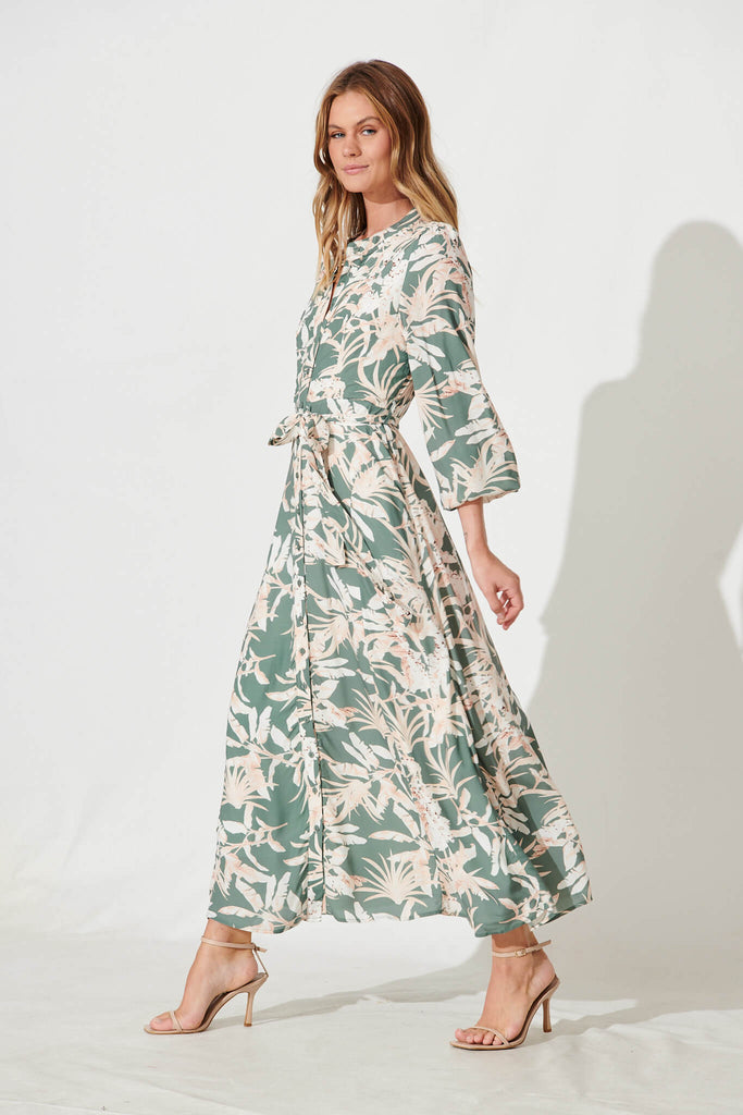 Lorie Maxi Shirt Dress In Green With Cream Leaf Print - side
