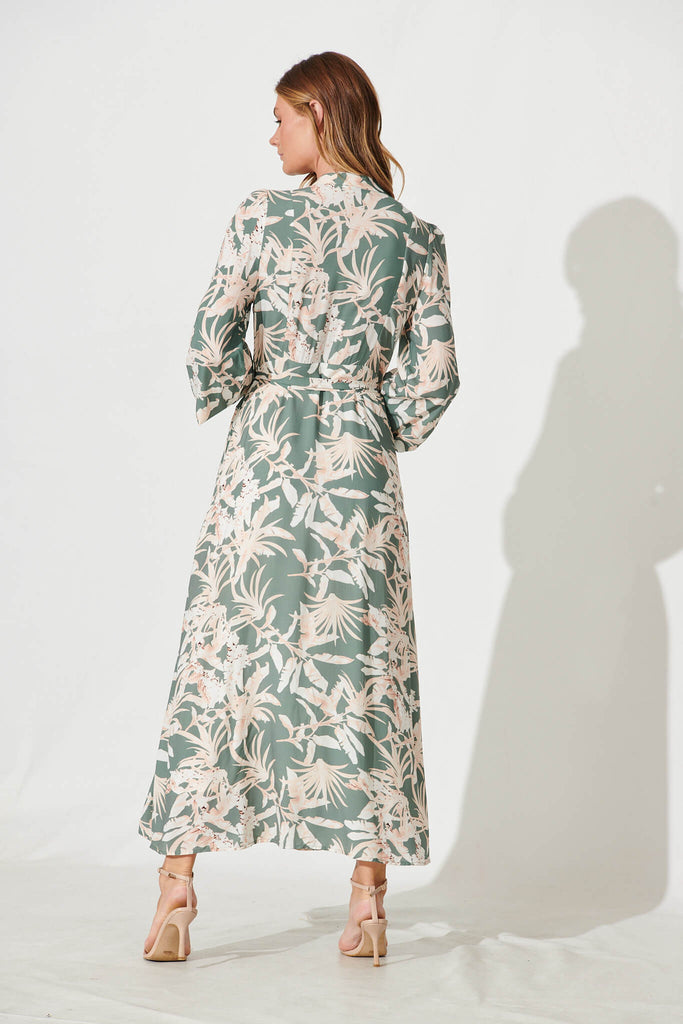 Lorie Maxi Shirt Dress In Green With Cream Leaf Print - back