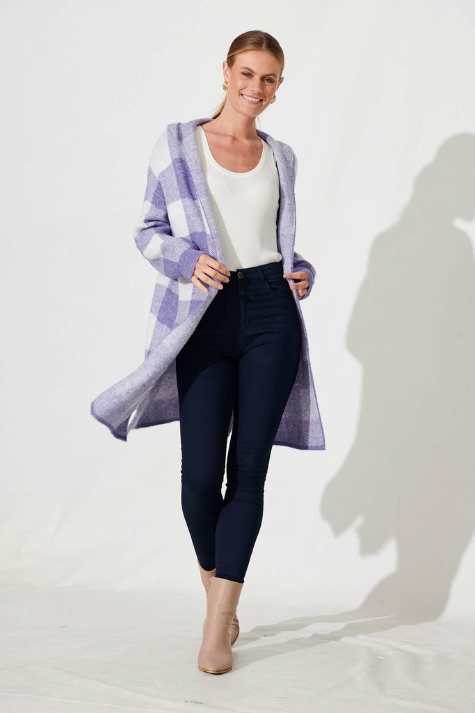 Dina Hood Knit Cardigan In Purple Check Wool Blend - full length