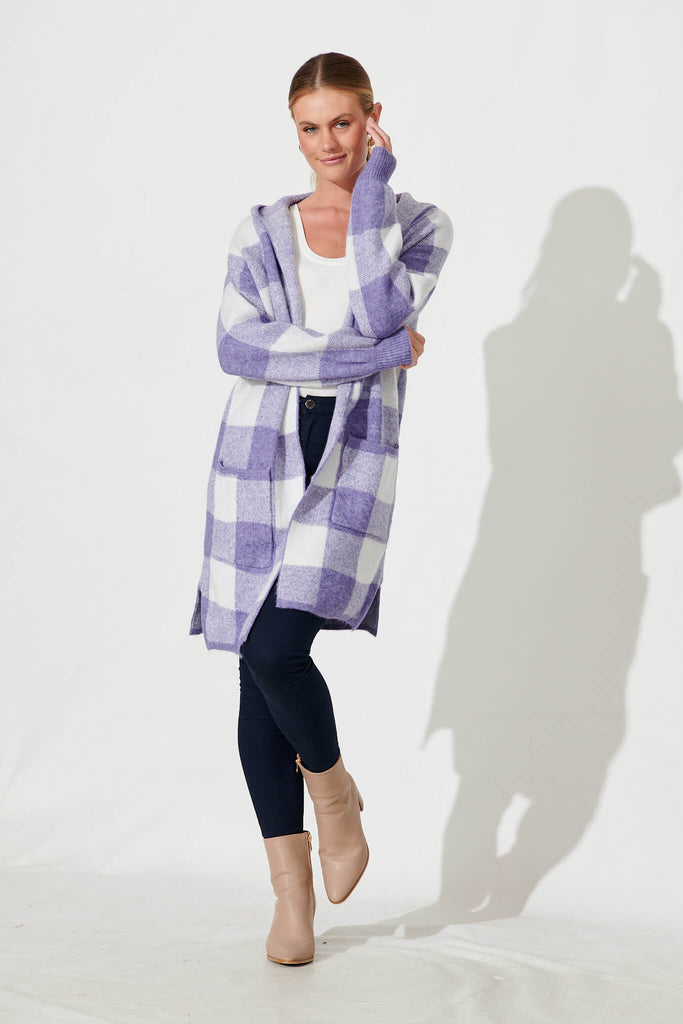 Dina Hood Knit Cardigan In Purple Check Wool Blend - full length